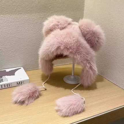 Winter  New Women's Plush Cute Bear Ear Hat ,Thicken and Warm Ear Protection Wind and Snow Hat  Plush Little Bear Lei Feng Hat