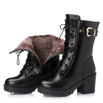 WOIZGIC Female Mother Ladies Women's Snow Genuine Leather Ankle Shoes Boots Warm Fur Plush Wool Zipper Lace Motorcycle Mid Calf