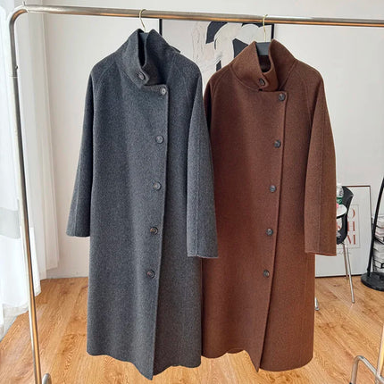 Korean Fashion Dark Gray Stand Collar 100%Wool Coat Women Long Winter Jacket
