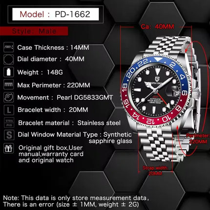 PAGANI DESIGN 2026 40MM Orologio Automatico di Lusso da Uomo GMT con Ghiera in Ceramica, Cinturino Jubilee, Vetro Zaffiro, Impermeabile