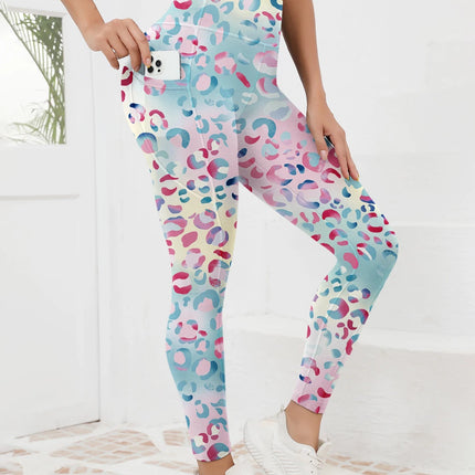 Printed women's high waistband pocket fitness pants paired with tight abdominal yoga pants, suitable for running, hiking, and sp PlatiNum