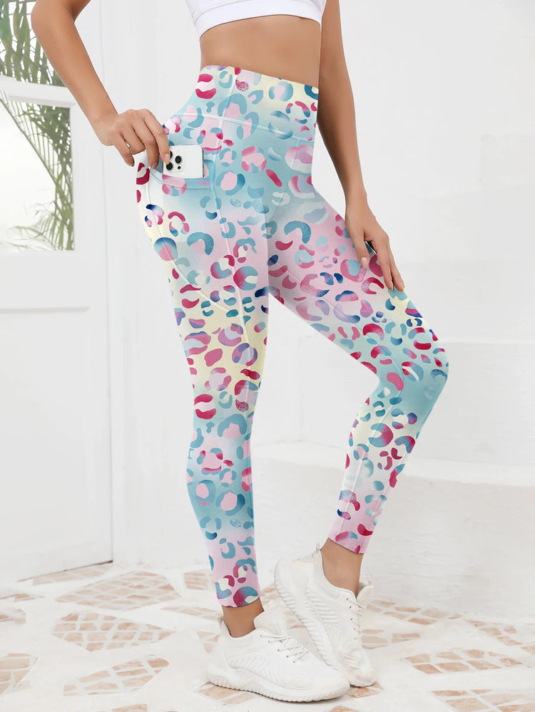 Printed women's high waistband pocket fitness pants paired with tight abdominal yoga pants, suitable for running, hiking, and sp PlatiNum