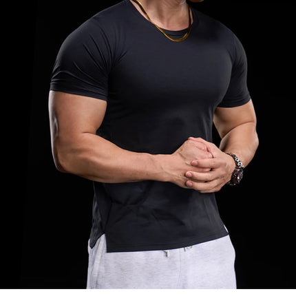 Men's gym fitness workout clothing slim fit short sleeve breathable high elasticity sports T-shirt, running sports