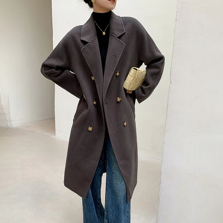 Ladies' 100% Cashmere Thick Double-Sided Extended Coat, Classic, Versatile and Fashionable for Business and Leisure
