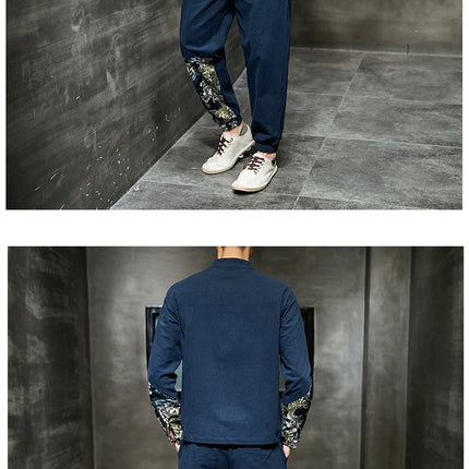Completo Due Pezzi da Uomo, Nuovo Stile Primaverile in Lino, Comodo Completo Retrò Tang in Cotone Patchwork, Camicia Casual e Giacca Stampata Kung Fu