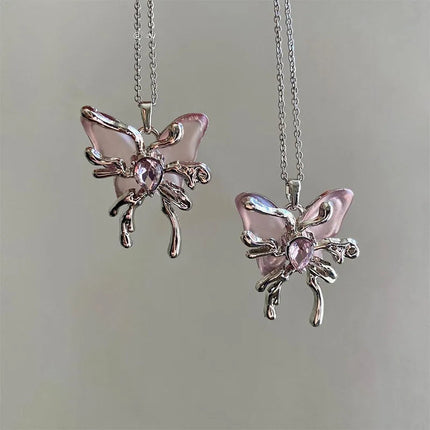 Y2K Sweet Cool Liquid Pink Butterfly Pendant Necklace Female Pink Zircon Water Drop Versatile Necklace Summer New Jewelry PlatiNum