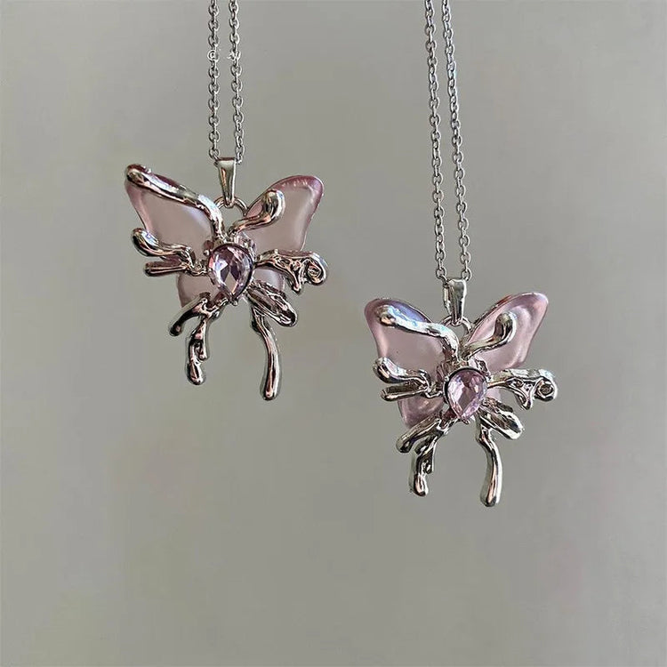 Y2K Sweet Cool Liquid Pink Butterfly Pendant Necklace Female Pink Zircon Water Drop Versatile Necklace Summer New Jewelry PlatiNum