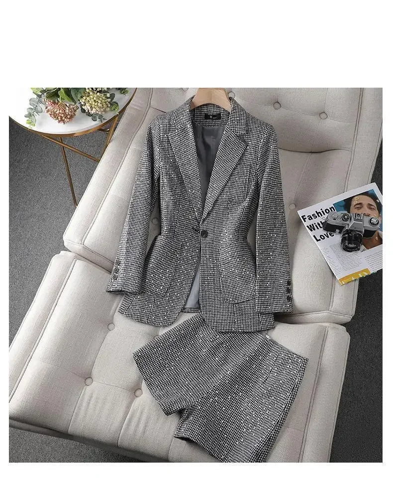 Women's Blazer Two-piece Set Spring Autumn New Fashion Glitter Vintage Suit Jacket Elegant Casual Shorts +Shiny Check Outwear Se