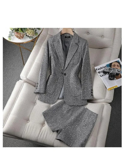 Women's Blazer Two-piece Set Spring Autumn New Fashion Glitter Vintage Suit Jacket Elegant Casual Shorts +Shiny Check Outwear Se