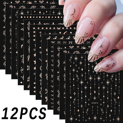 12Pcs 3D Laser Silver Star Ribbon Nail Stickers Y2K Stars Moon Sun Self-Adhesive Slider Exquisite Flower Leaf DIY Manicure Decal