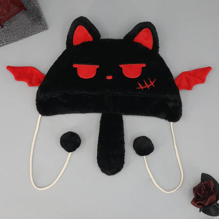 Y2K Gothic Punk Cat Ear Hat with Cross Wing Chain Decoration Plush Warm Winter Subculture Goth Rock Musi Cap Bombero Gorro Ruso