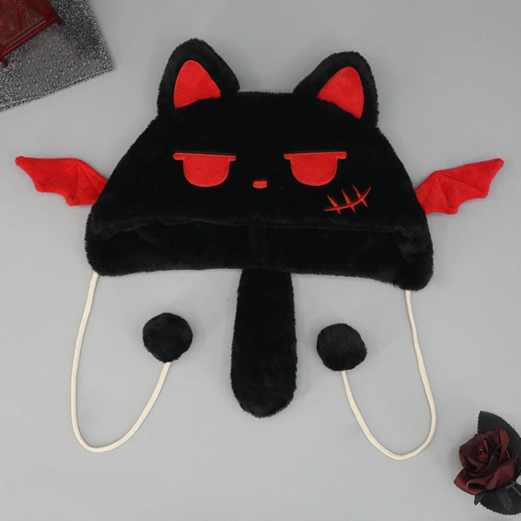 Y2K Gothic Punk Cat Ear Hat with Cross Wing Chain Decoration Plush Warm Winter Subculture Goth Rock Musi Cap Bombero Gorro Ruso