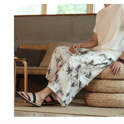 2024 pantaloni Casual da uomo con motivo a foglia di bambù in stile cinese tendenza moda pantaloni a gamba larga High Street pantaloni larghi oversize Hombre