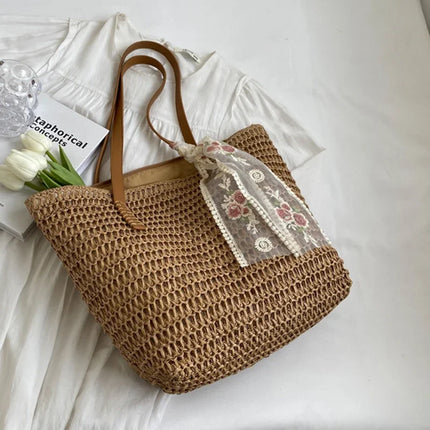 Large Capacity Summer Tote Bag, Women's Hand-Woven Shoulder Bag, Fresh Rural Style
