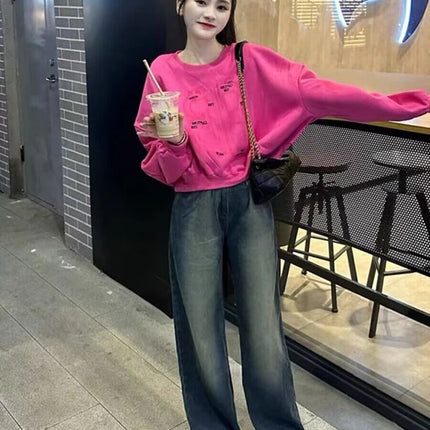 Women Letter Print Sweatshirt Hot Pink Batwing Sleeve Cropped Hoodie Loose Pullover Cute Fall Winter Streetwear 2026 New