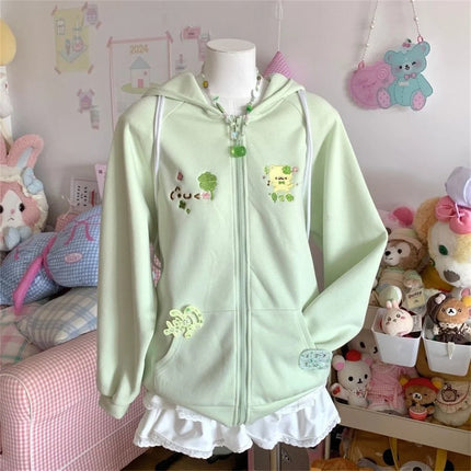 Women Clothing Anime Zip-up Hoodie Jackets Cat Embroidery Cute Outerwear Hooded Casual Fashion Sweatshirts Japanese Cute Tops