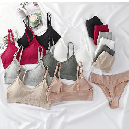 Women Seamless Bra And Panties Set Sexy Lingerie High Waist Thong Comfy Wire Free Bra Female Solid Color Ribbed Underwear Set