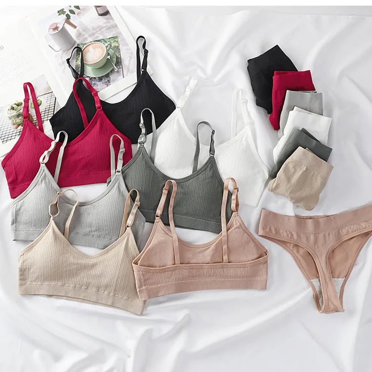 Women Seamless Bra And Panties Set Sexy Lingerie High Waist Thong Comfy Wire Free Bra Female Solid Color Ribbed Underwear Set