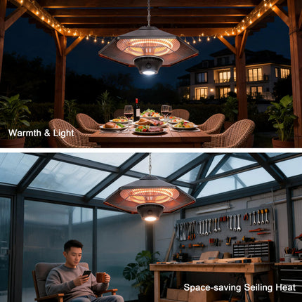 2000W Ceiling Patio Heater with LED Light, Dual Carbon Fiber Tube 3 Speed Adjustable Power Steel Shell Electric Infrared Heater, Touch & Remote Control, 50cm Hanging Chain for Outdoor Indoor Use