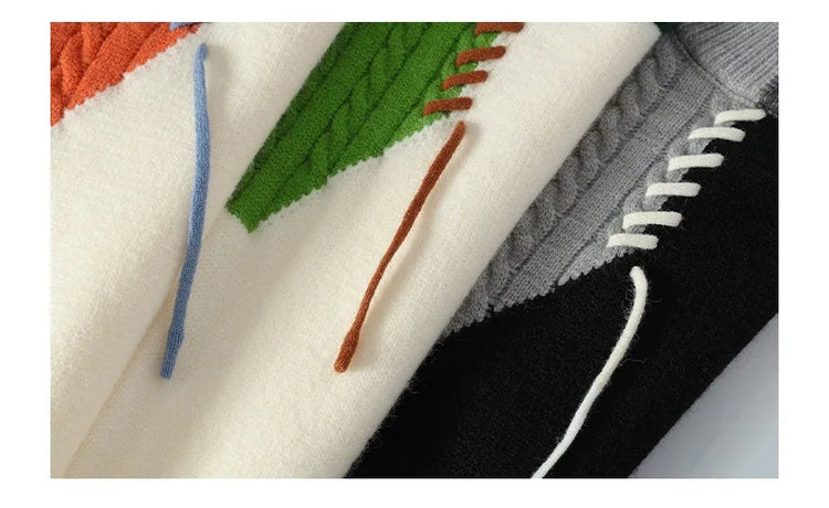 Men Knitted Jumpers Patchwork Sweater O Neck Pullovers Spliced Long Sleeve Jumper Slight Strech Standard Wool 2024 Casual