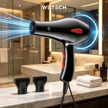WETECH W1111 Professional Hair Dryer 3000W High Power Blow Dryer Adjustable Temperature & Wind Speed With 2Pcs Concentrator Nozzles AC100-240V Universal Voltage Salon Home Hair Styling Tool