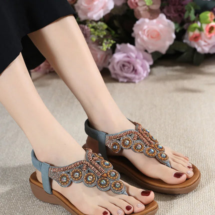 New 2026 Women's Summer Bohemian Style Sandals, Flip-Flop Design with Beaded and Rhinestone Buckle, Elastic Heel Strap, Comfortable Everyday Shoes