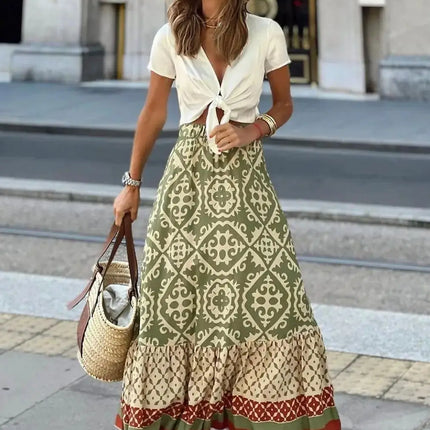 Gonna ampia stampata con elastico in vita da donna, gonna midi boho con inserti, adatta per la spiaggia e l'uso quotidiano