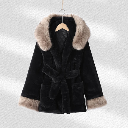 Casual Patchwork Faux Fur Collar Women's Coat Lace Up Pockets Thicken Lady Coats 2026 Autumn Winter Female Street Outerwear