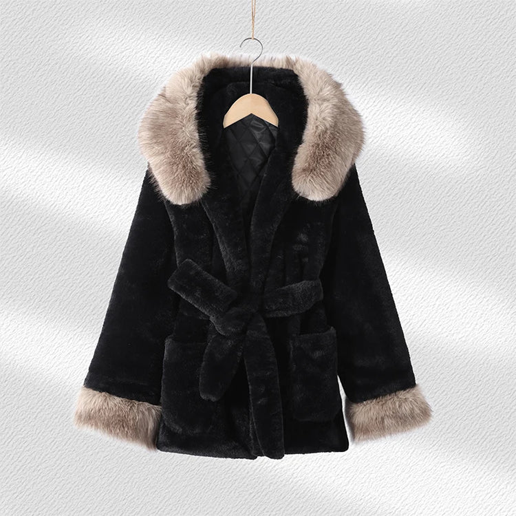 Casual Patchwork Faux Fur Collar Women's Coat Lace Up Pockets Thicken Lady Coats 2026 Autumn Winter Female Street Outerwear
