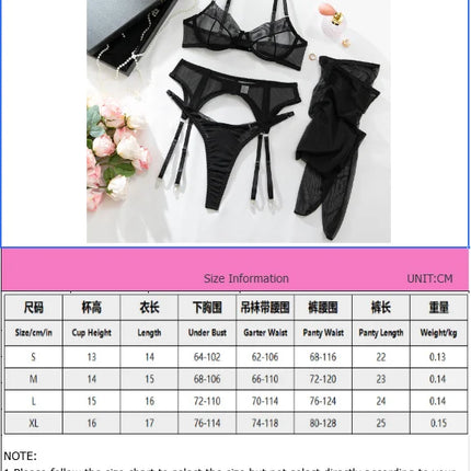 Luxury Dark Style 4Pcs Women's Lingerie Set Push-up Underwire Bra Garter Belt Thong Panty Stocking Erotic Intimate Outfits