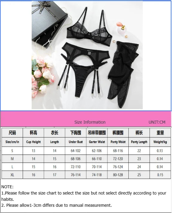 Luxury Dark Style 4Pcs Women's Lingerie Set Push-up Underwire Bra Garter Belt Thong Panty Stocking Erotic Intimate Outfits
