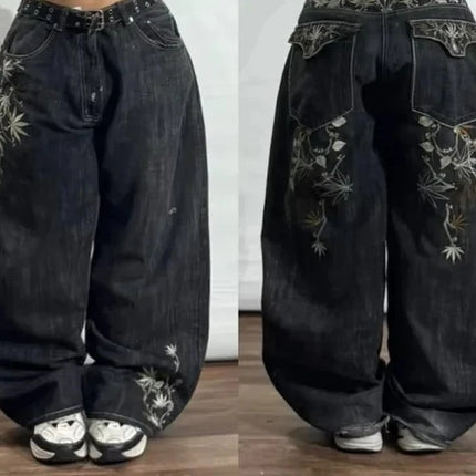 Jeans in denim lavato con ricamo a lettere stile Y2K, tasche grandi, vestibilità ampia, per donna, retrò, high street, trendy, hip hop, wild, a gamba larga