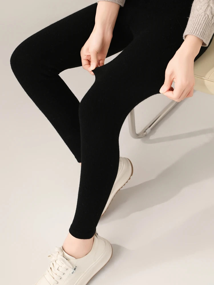 Women's Wool Leggings Slim Warm Autumn Winter High Waisted Elastic Tight Pants 100% Merino Wool Knitted Skin-friendly Leggings PlatiNum