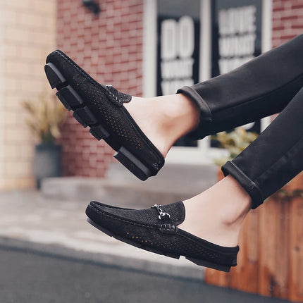 Nuove Ciabatte da Uomo alla Moda in Vera Pelle, Scarpe Casual Traspiranti con Design Traforato, Comode Slip-on per Guida, Mocassini da Uomo