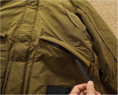 Piumino cargo imbottito in piuma d'anatra di media lunghezza retrò americano nuovo inverno con cappuccio Trench oversize spesso alla moda da uomo