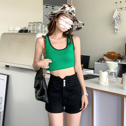 Women's super high waisted denim shorts for summer girls, new black A-line waist cinching slimming design, hot pants PlatiNum