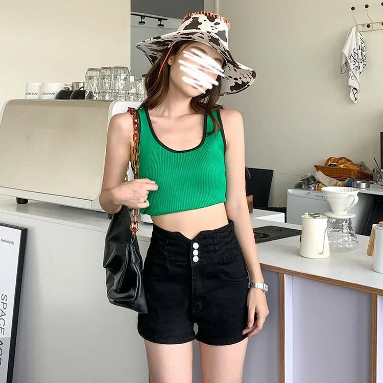 Women's super high waisted denim shorts for summer girls, new black A-line waist cinching slimming design, hot pants PlatiNum