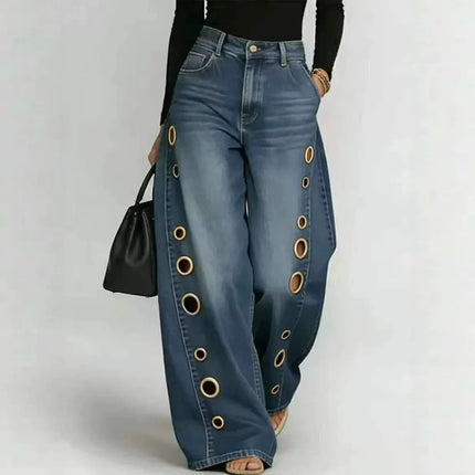 Jeans da Donna a Gamba Larga, Vita Media, con Dettagli Traforati, Effetto Vintage, Stile High Street, Eleganti, da Lavoro, Casual, Pantaloni Dritti