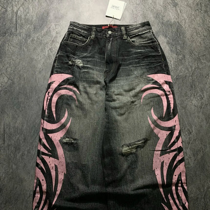 Women's Denim Jeans Wide Leg Long Pants High Waist Straight Hole Pants Y2k Streetwear Print Mom Jeans Casual Loose 2025