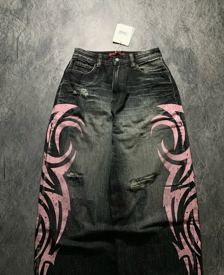 Pantaloni in denim Jeans da donna Pantaloni lunghi a gamba larga Pantaloni dritti a vita alta con foro Y2k Streetwear Stampa Jeans mamma Casual Allentati 2025