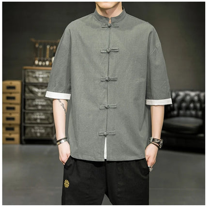 Camicia stile giapponese da uomo estiva cinese colletto rialzato Yukata Kimono Samurai Indossare T-shirt color block Hanbok Cappotto casual