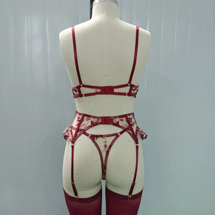 Sexy Lingeries Floral Embroidery Bow Lace Bra Garter Panty Set See Through Sheer Erotic Costumes Woman Underwear 4-piece Sets
