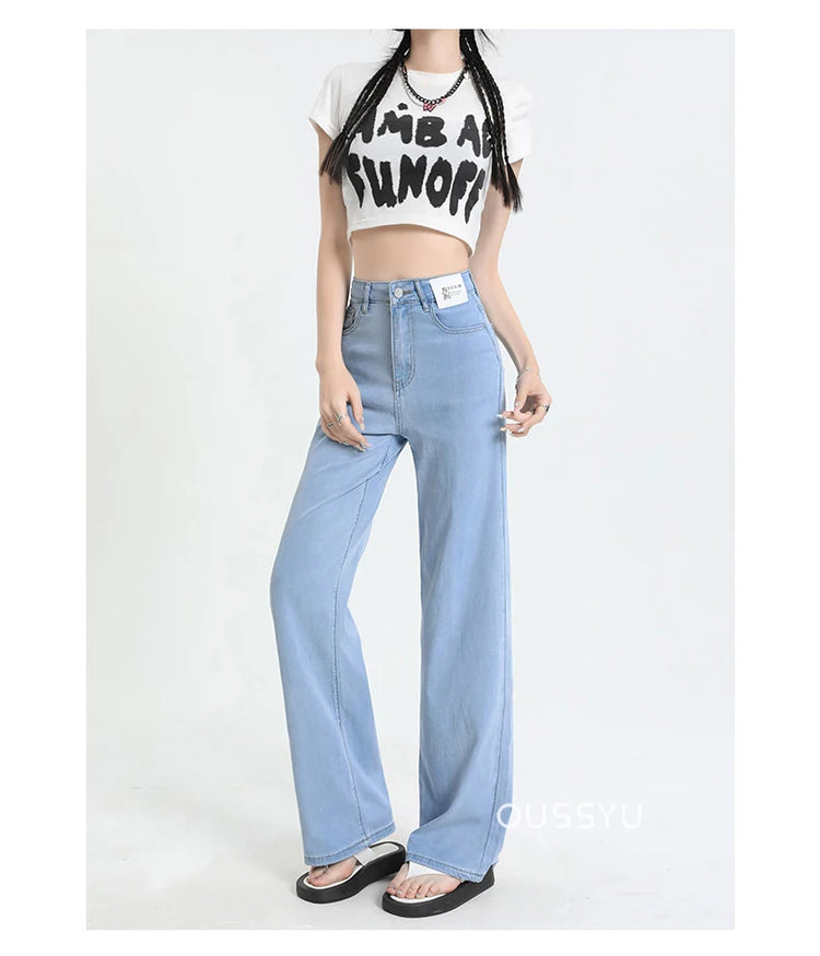 Nuova estate morbida Lyocell Jeans donna blu kaki bianco vita alta dritto sottile gamba larga pantaloni in denim Y2k abbigliamento femminile allentato 2XL