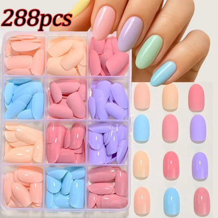 288pcs Light Pink Rose Purple Matte & Glossy False Nails Solid Color Medium Almond Full Cover Press On Nails Acrylic Fake Nails2028