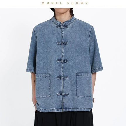 Nuove Giacche in Denim Estive Uomo/Donna Stile Cinese Vintage Lavato Camicie Personalizzate Uomo Kung Fu Casual Baggy Cotone Giacca Tang