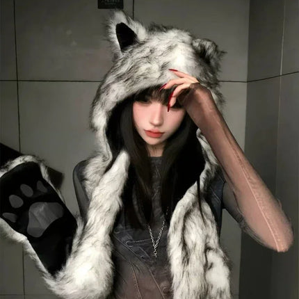Japanese Kawaii Cute Fur Scarf Hat Winter Keep Warm Y2k Aesthetic Fashion Vintage Cap Bears Ears Women Hats Grunge Streetwear