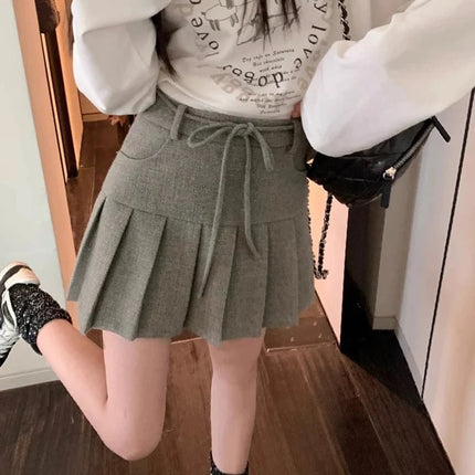 MEXZT Streetwear Woolen Mini Skirt Women Harajuku Bow Lace Up Black Pleated Skirts Autumn Winter Fashion Korean Preppy Faldas PlatiNum