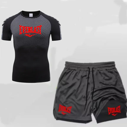 EVERLAST Men's Compress Shirt + 2-in-1 sports shorts 2pcs Set Leisure Breath Short Sleeve Sport Jogging Gym Brand Print Clothing platinumshop