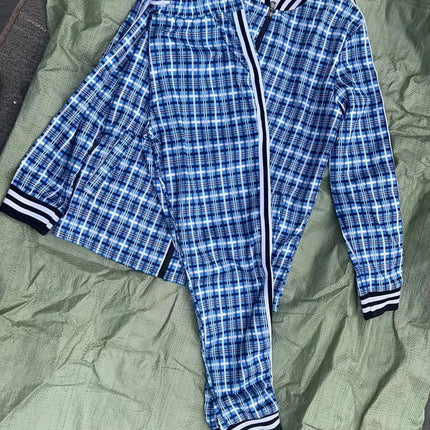 2025 Men Tracksuit 2pc Set Gym Hiking Plaid Zipper Hoodie Cargo Pants Autumn Athleisure Outfit Fleece Jogger Sportswear PlatiNum