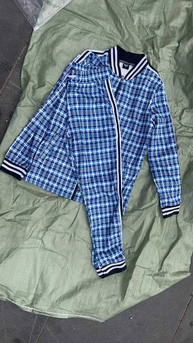 2025 Men Tracksuit 2pc Set Gym Hiking Plaid Zipper Hoodie Cargo Pants Autumn Athleisure Outfit Fleece Jogger Sportswear PlatiNum